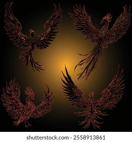 illustration with set of red phoenixes on dark background