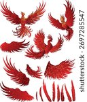 illustration with set of red phoenixes, wings and feathers isolated on white background