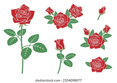 Illustration set of red roses in buds and blooming flowers