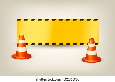 illustration of set of red white cones with yellow ribbon