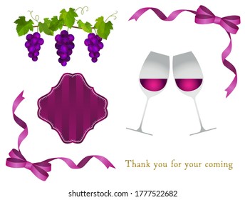 Illustration set of red wine, grapes and ribbon