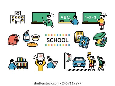 Illustration set related to elementary school students