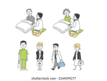 Illustration set related to home-visit medical care Comical handwritten person vector, line drawing and color
