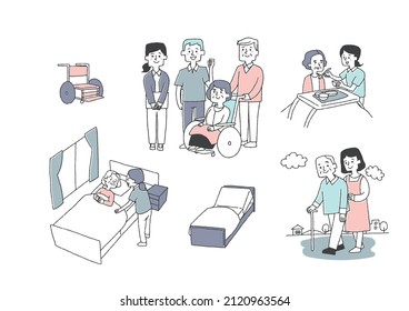 Illustration set related to long-term care, comical handwritten person illustration, simple coloring on vector line drawing, white background
