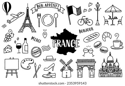 Illustration set related to simple and cute France (monochrome)