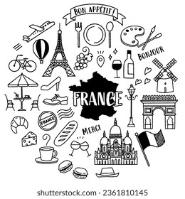 Illustration set related to simple and cute France (monochrome)