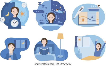 Illustration set related to sleep environment and sleep mechanism