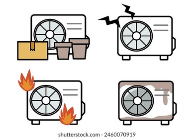 Conjunto de ilustraciones relacionado con problemas con la unidad exterior de un acondicionador de aire.