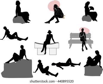 illustration with set of relaxing women isolated on white background