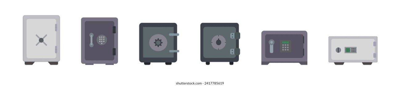 Illustration set of reliable safes. Storage for your deposit and personal treasure, protection of savings. Isolated graphic icon safe in vector flat style