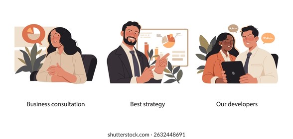 Conjunto de ilustraciones que representan funciones comerciales clave, incluida la consultoría profesional, la planificación estratégica y la colaboración entre desarrolladores internos.
