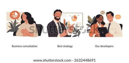 Illustration set representing key business roles including professional consulting, strategic planning, and collaboration between in-house developers.