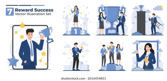 Illustration set of reward and success concept with trophy, medal, celebration, winning goals, and champion achievements