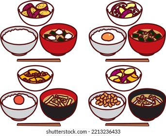 Illustration set of rice, miso soup and potato