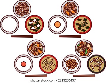 Illustration set of rice, miso soup and boiled food