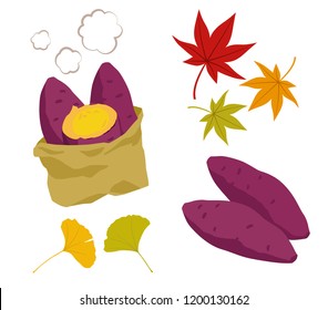 Illustration set of roasted sweet potato and autumn leaves