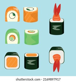 Illustration einer Reihe von Rollen in einem flachen Stil. Sushi. Vektorgrafiken.