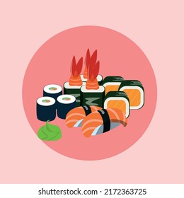 Illustration of a set of rolls in a flat style. Japanese kitchen. Vector graphics.