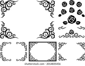 Illustration set of rose flower icons and thorn decoration frames