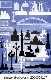 illustration with set of Saint-Petersburg silhouettes isolated on blue background