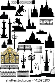 ilustração com conjunto de silhuetas de São Petersburgo isoladas no fundo branco