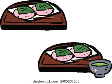 Illustration set of sakura mochi and tea