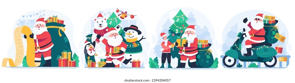 Illustration Set of Santa Claus and His Adorable Companions With a Christmas Tree and Gifts. Merry Christmas Winter Holiday Illustration