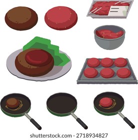 Illustration set of scenes of making hamburger steak, kneading dough and frying in a frying pan