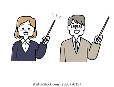  Illustration set of a school teacher explaining while pointing with an instruction stick