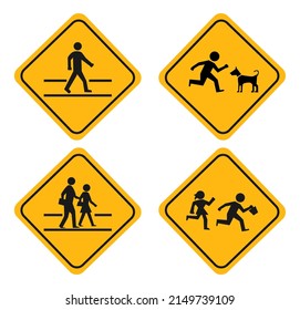 illustration set of school zone street or 
pedestrian area. pedestrians yellow signs 
isolated on white background
