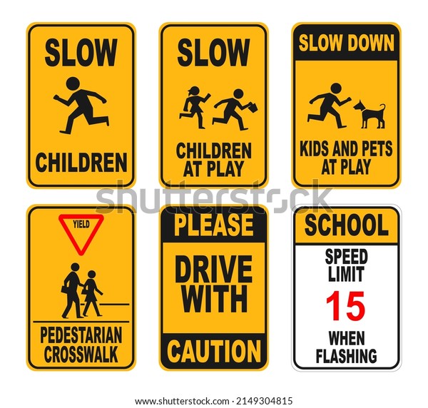 illustration set of school zone street or\
\
pedestrian area. pedestrians yellow signs \
isolated on white\
background. school\
sign.\
\
