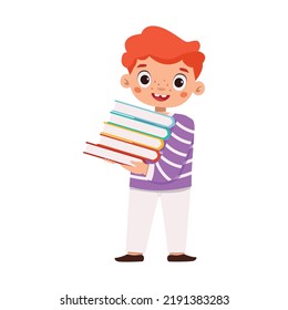 Illustration aus dem Set mit Schulkindern: ein Schuljunge mit einem Stapel Bücher oder Lehrbücher in den Händen.