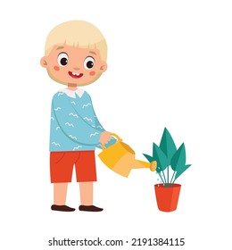 Illustration from the set with schoolchildren: a schoolboy with a watering can waters a houseplant.