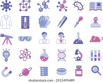 Ilustração conjunto de ícones de ciência, pesquisa e experimentação (Cor)