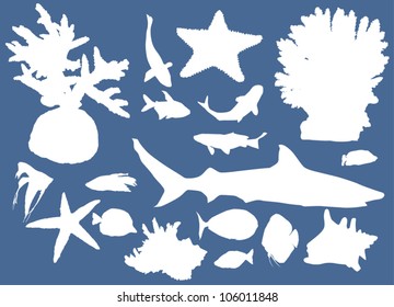 illustration with set of sea animals silhouettes isolated on blue background