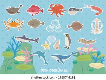 Illustration set of sea creatures with background