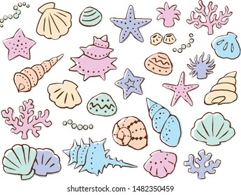 Illustration set of sea creatures (Hand drawn line drawing and Print style painting)