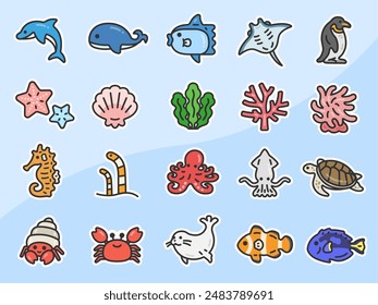 Illustration set of sea life icons (line drawing color) (with background).