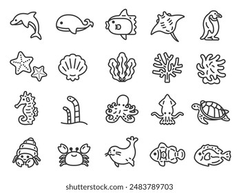 Illustration set of sea life icons (line drawings).