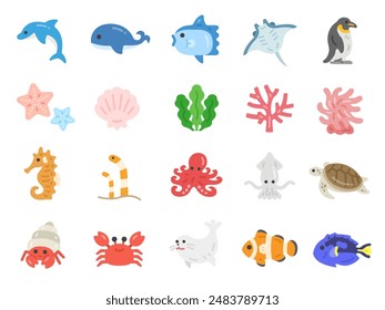 Illustration set of sea life icons.