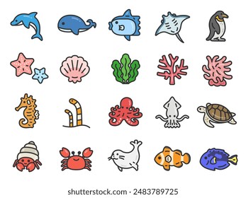 Illustration set of sea life icons (line drawing color).