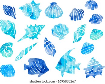 Illustration set of sea shells, snails, and tropical fish drawn in watercolor style