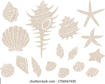 Illustration set of sea shells and starfish (sand textured)