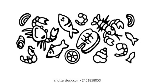 Illustration, set of seafood. Black lines isolated on white