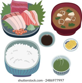 An illustration of a set of seafood dishes.