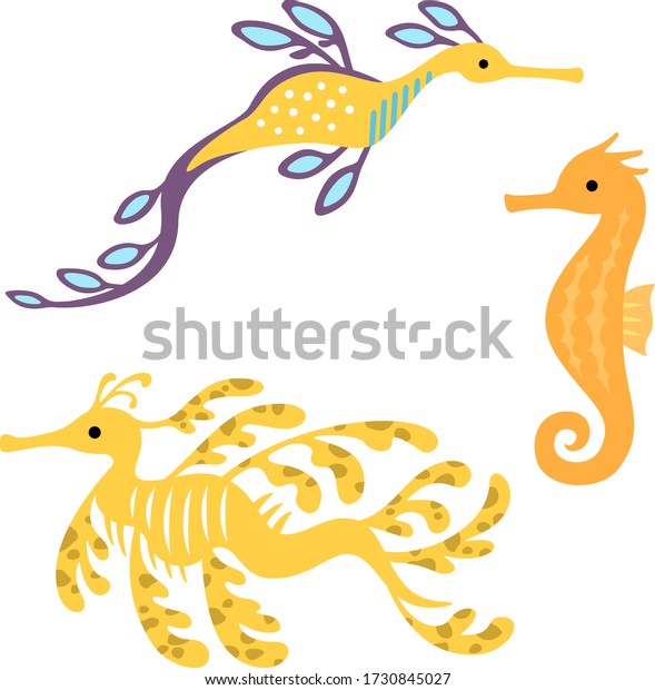 Illustration set of\
seahorse and sea\
dragons