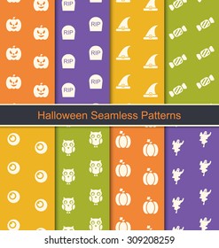 Illustration Set Seamless Abstract Patterns with Halloween Symbols - Vector