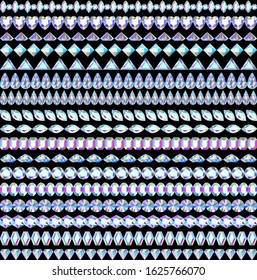 Illustration of a set of seamless border curbs made of gems of different shapes and cuts.