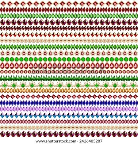 Illustration of a set of seamless border curbs made of gems of different shapes and cuts.