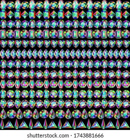 Ilustración de un conjunto de bordes sin fisuras de piedras preciosas de varios colores de formas y cortes.